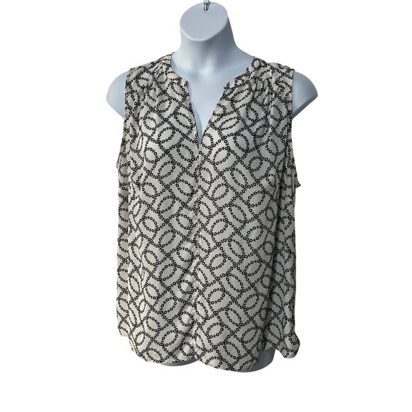 LOFT Womens 18 Plus Floral Geo Print Career Popover Shell Mixed Media Tank Ivory - Picture 1 of 10